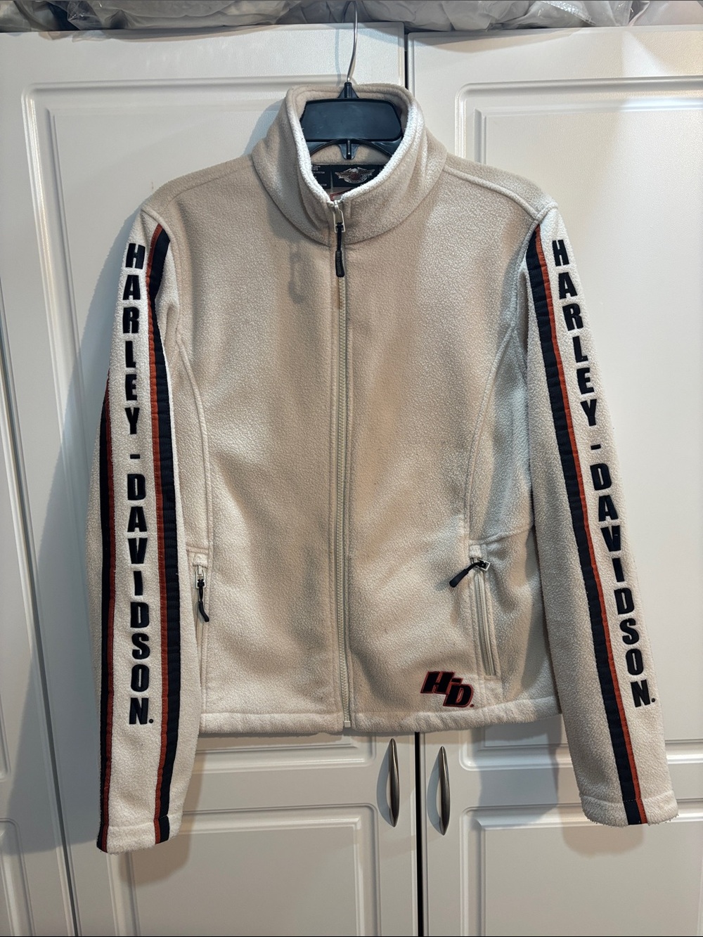 Harley-Davidson Cream Fleece Jacket with Black and Orange Sleeve Stripe